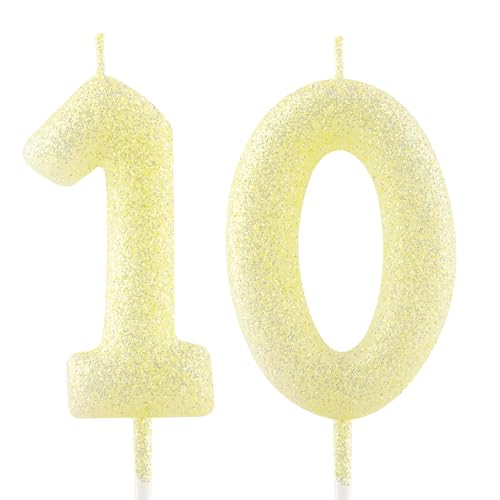 Geburtstagskerzen Zahlen 10, glitzernde Zahlenkerze zum 10, Leuchtende Goldgelben Kerzen, Kerzen für Kuchen, Toppers für Frauen Mädchen Geburtstags Jubiläum, Geburtstagsdekorationen, Partyzubehör von Zayin