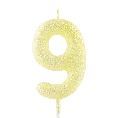 Geburtstagskerzen Zahlen 9, glitzernde Zahlenkerze zum 9, Leuchtende Goldgelben Kerzen, Kerzen für Kuchen, Toppers für Frauen Mädchen Geburtstags Jubiläum, Geburtstagsdekorationen, Partyzubehör von Zayin