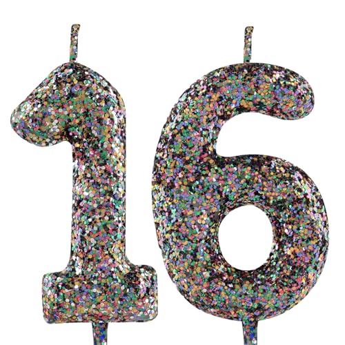 Kerze zum 16. Geburtstag, hübsch, mehrfarbig, glitzernd, Zahl 16, Kuchendekoration, Happy Birthday-Kerze für Mädchen, Jungen, Frauen, Jahrestag, Feiern, Partyzubehör Kerze zum 16. Geburtstag, hübsch, mehrfarbig, glitzernd, Zahl 16, Kuchendekoration, Happy Birthday-Kerze für Mädchen, Jungen, Frauen, Jahrestag, Feiern, Partyzubehör von Zayin