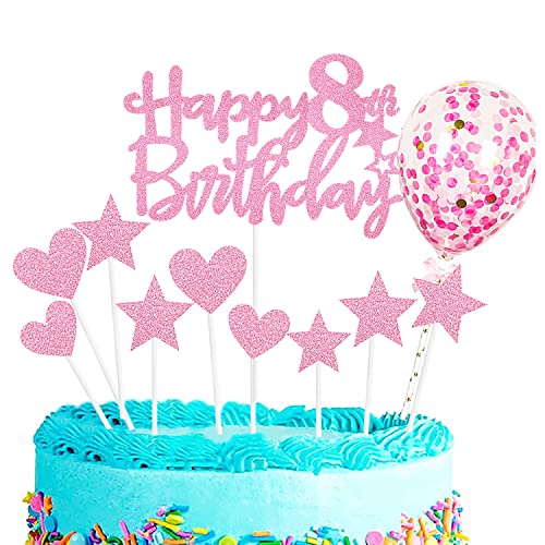 Zayin personalisierte alles Gute zum 8th Geburtstag Kuchen Topper Set, alles Gute zum Geburtstag Zeichen für Kuchen, 11p Glitter Ballon Sterne Herz Cupcake Topper 8th Birthday Cake Party Dekoration von Zayin