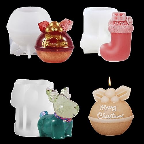 Zayookey 3 Stück Weihnachten Silikonform Elch Klingel Socke Kerzenform Silikonform 3D Epoxidharz Formen Weihnachten kerzen Gießform Candle Molds für DIY Seife Handarbeit Ornamente Duftkerze (Elchform) von Zayookey