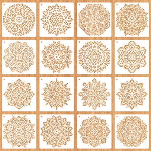 Zayookey Mandala Schablone Set 16 Stück Wiederverwendbare Laserschnitt Malschablone, Mandala Stencils Weiß Blumen Schablone für DIY Handwerk Wand Holz Möbel Scrapbooking Malen(6x6 Zoll) von Zayookey