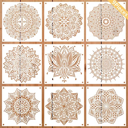 Zayookey Mandala Schablone Set 9 Stück Groß wiederverwendbare Laserschnitt Malschablone, Mandala Stencils Weiß Blumen Schablone für DIY Handwerk Wand Holz Möbel Scrapbooking Malen(12x12 Zoll) (White) von Zayookey