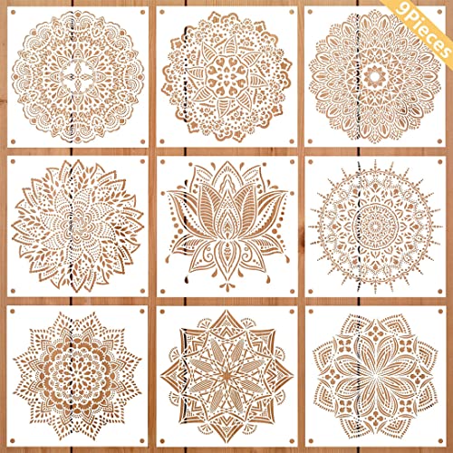 Zayookey Mandala Schablone Set 9 Stück Groß wiederverwendbare Laserschnitt Malschablone, Mandala Stencils Weiß Blumen Schablone für DIY Handwerk Wand Holz Möbel Scrapbooking Malen(12x12 Zoll) (White) von Zayookey