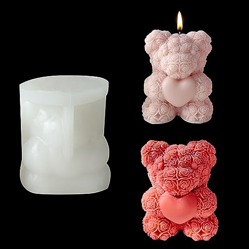 Zayookey Rosenbär Kerzen Silikonform 3D Kerzenformen Epoxidharz Formen Kerzen Gießen Formen Candle Silicone Mold Seife Silikonform für DIY Kerzenherstellung Seife Polymer Ton Handwerk (Weiß) von Zayookey