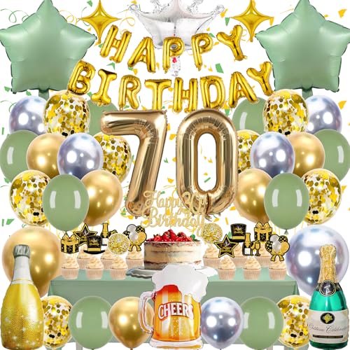 Zaztytoy 70 Geburtstag Deko Set für Mann & Frau – 55 Teile Komplettes Partyset in Gold & Grün, Elegante deko 70. geburtstag für Geburtstags Party, Jubiläum Party Deko, Feier von Zaztytoy