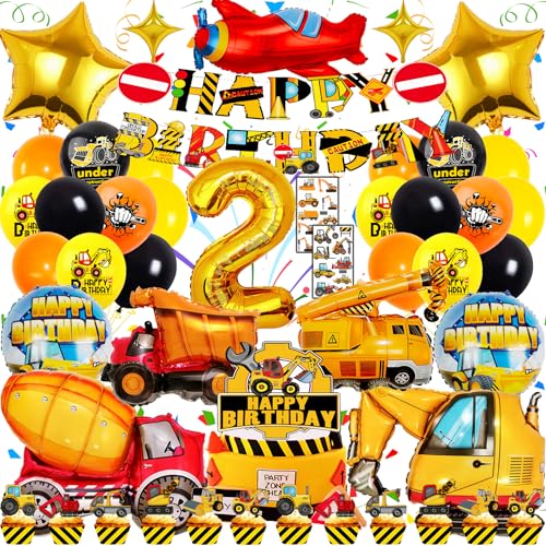 Zaztytoy Bagger Geburtstag Deko 2 Jahre für Jungen – XXL Bagger Folienballons, 48-Teiliges Baustelle Partyzubehör mit Kuchendeko & Tattoo-Aufklebern – Perfekt für 2. Geburtstag & Baustellen Party von Zaztytoy
