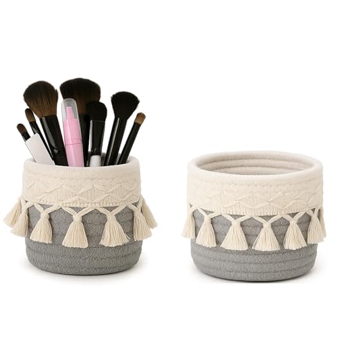 Zbozzba 2 Stück Grau Pinselhalter,Boho Deko Aufbewahrungskorb, Kosmetik Organizer mit Quasten für Schminktisch, Korb Geflochten, Mini Make Up Behälter zur Aufbewahrung von Schminkpinseln von Zbozzba