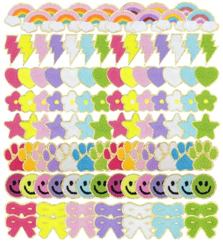 112 Stück Preppy Chenille Mädchen DIY Kleidung Aufkleber Patches Selbstklebend Happy Face Herz Regenbogen Blume Stern Lightning Bowknot Hund Pfote Patch für Kleidung Rucksäcke Make-up Tasche Hüte 112 Stück Preppy Chenille Mädchen DIY Kleidung Aufkleber Patches Selbstklebend Happy Face Herz Regenbogen Blume Stern Lightning Bowknot Hund Pfote Patch für Kleidung Rucksäcke Make-up Tasche Hüte von Zcketo