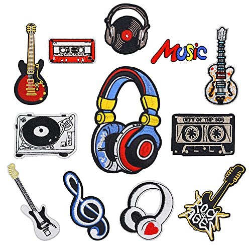 12 Stück Retro Musik Stil Gitarre Kopfhörer Hippie Musik Liebhaber Patch Aufbügeln Aufnähen Niedliche Vintage Bestickte Applikation Patch Patches für Rucksäcke Jeans Jacken Kleidung Musik Ausrüstung von Zcketo