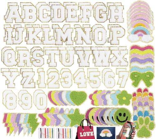 128 Stück selbstklebende Chenille-Buchstaben und Zahlen, bestickt, Chenille, Happy Star, Blitz, Herz, Regenbogenblume, Schleife, Pfote, niedlich, DIY-Aufnäher, Aufkleber für Kleidung, Hüte, Taschen 128 Stück selbstklebende Chenille-Buchstaben und Zahlen, bestickt, Chenille, Happy Star, Blitz, Herz, Regenbogenblume, Schleife, Pfote, niedlich, DIY-Aufnäher, Aufkleber für Kleidung, Hüte, Taschen von Zcketo