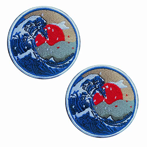 2 PCS Lustig Große Welle vor Kanagawa "Great Wave off Kanagawa " Patches mit Klettverschluss Taktische Militär Moral Appliques Emblem Abzeichen Patch zum Rucksack kleidung Anime-Fans von Zcketo