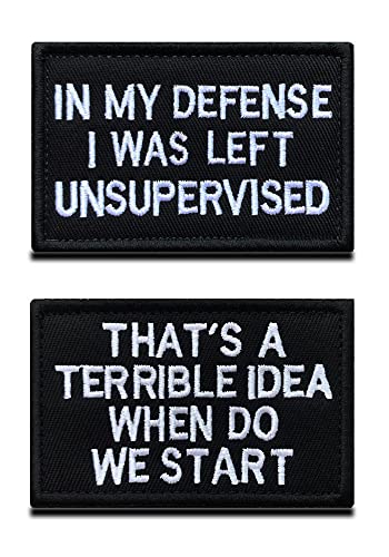 2 Pcs "In My Defense I was Left Unsupervised &That's a Terrible Idea When Do We Start" Fun Patch Gestickt Taktische Militär Moral Appliques Emblem für Biker Rucksack Kleidung 2 Pcs "In My Defense I was Left Unsupervised &That's a Terrible Idea When Do We Start" Fun Patch Gestickt Taktische Militär Moral Appliques Emblem für Biker Rucksack Kleidung von Zcketo