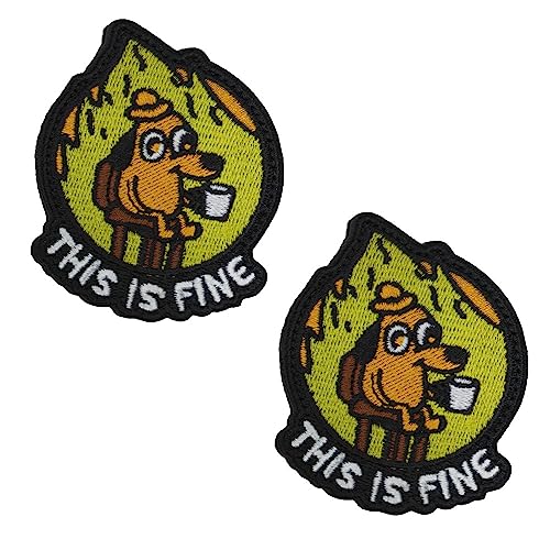 2 St. Das ist gut "This is Fine" Hund Meme Lustig Sarkastisch Patch Taktische Militär Moral Appliques Emblem für Kleidung Rucksack Uniform Weste Hundegeschirr Militär Taktisch Draussen Biker von Zcketo