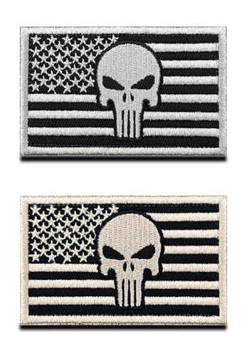 2 Stück Amerika-Flagge & Punish-Skull-Patch, taktischer Militär-Totenkopf in den USA, US-amerikanische Flagge, Haken- und Schlaufen-Emblem, bestickter Aufnäher für Hut, Rucksack, Jacke, Kleidung, von Zcketo