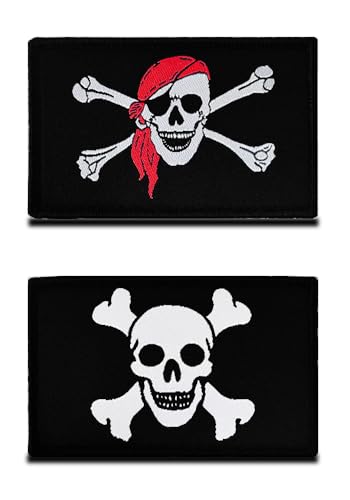 2 Stück Piratenflagge Jolly Roger Kopfschädel Bestickter Aufnäher Patch mit Haken,Airsoft Schädel und Rote Kopftuch Komisch Abzeichen Moral für Rucksäcke Kleidung Taschen Uniform Halloween von Zcketo