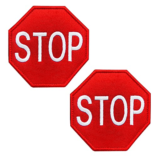 2 Stück STOP Zeichen Logo Bestickt Aufnäher Patch mit Klett Rückseite, Stoppen Sie Aufnähen Fun Patch für Bikers Moto Jeans Jacken Kleidung Taschen Rucksack Uniform Diensthund Vest - 8x8 cm von Zcketo
