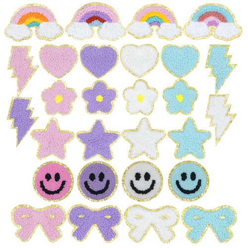 28 Stück bestickte Chenille-Aufnäher, selbstklebende Aufkleber für Kleidung, inklusive Regenbogenblume, Blitz, glückliches Gesicht, Herz, Stern, Schleife, zum Aufnähen oder Reparieren von Rucksäcken von Zcketo