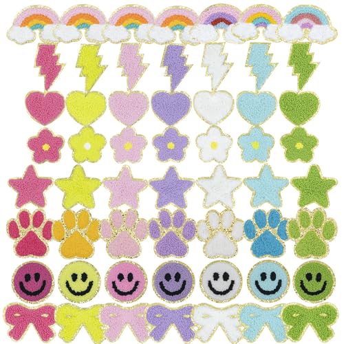 56 Stück selbstklebende Chenille-Sticker, Motiv: Glückliches Gesicht, Stern, Blitz, Herz, Regenbogen-Blume, Schleife, Pfote, bestickt, elegant, dekorativ für Kleidung, Hüte, Taschen, Schuhe, Flaschen 56 Stück selbstklebende Chenille-Sticker, Motiv: Glückliches Gesicht, Stern, Blitz, Herz, Regenbogen-Blume, Schleife, Pfote, bestickt, elegant, dekorativ für Kleidung, Hüte, Taschen, Schuhe, Flaschen von Zcketo
