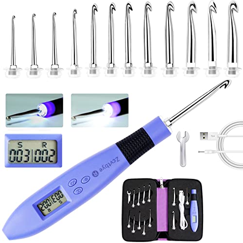 Zcvtbye 12 Größen beleuchtetes Häkelnadel-Set, ergonomisches Zähl-Häkelnadel-Set, Häkelnadeln mit Häkelnadelzähler, leuchtende Häkelnadeln für Stich- und Reihenzähler, Häkelzähler mit Etui von Zcvtbye