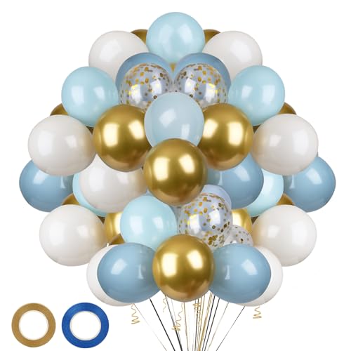 65 Stück Luftballons Blau Gold,12 Zoll Retro Blau Hellblau Weiß Sand Metallic Gold Konfetti Ballons mit Band für Babyparty Hochzeit Verlobung Jubiläum Blau Thema Party Graduierung Deko von ZeKioen