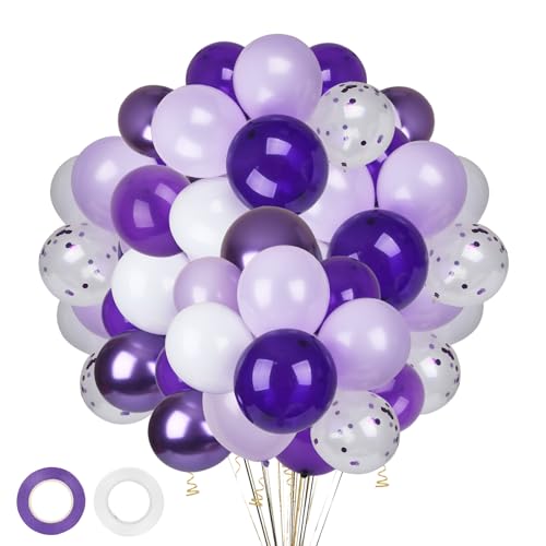 65 Stück Lila Weiß Luftballons,12 Zoll Metallic Lila Dunkellila Violett Pastell Lila Weiss Helium Ballons mit Konfetti Luftballons für Mädchen Frauen Hochzeit Abschluss Geburtstag Party Deko von ZeKioen