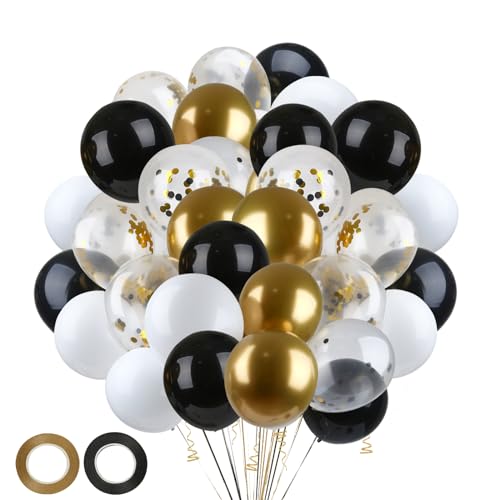 65 Stück Luftballons Schwarz Gold,12 Zoll Ballons Schwarz Gold Metallic Chrom Goldene Konfetti Ballons und Schwarz Latex Luftballons mit Band für Geburtstagsdeko, Geburtstag Mann Frauen von ZeKioen