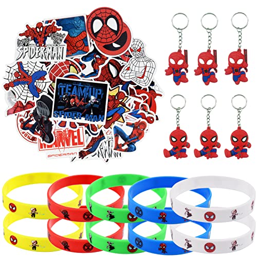 ZeYou 72 Stück Spiderman Party Mitgebsel Kinder, Spiderman Geburtstag Deko enthält 56 Stück Spiderman Sticker, 6 Stück SchlüSselanhäNger and 10 Stück Superhelden Silikonarmbänder von ZeYou