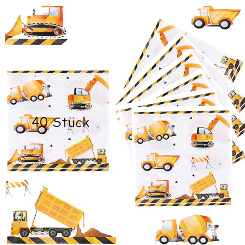 40 Stück Servietten Bagger, Einweg Servietten, Servietten Tischdeko Baufahrzeug Bulldozer Radlader, 33x33cm Quadratisch, für Kinder Geburtstag Party von Zeaicos