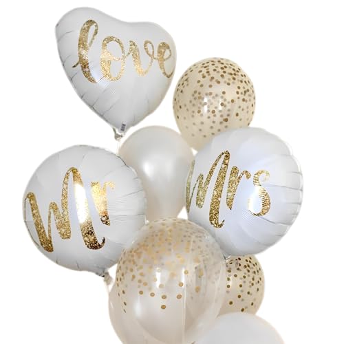 9 Stück Hochzeit Luftballons Set, Mr & Mrs Ballon für Hochzeit Weißer & Gold Luftballons mit Paillettenmuster, Konfetti Luftballons Geburtstag Deko, Partydeko Luftballons Geburtstag von Zeaicos