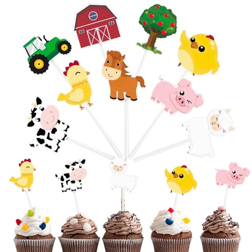 Cupcake-Topper mit Bauernhoftieren, Party-Dekorationen, Bauernhof-Geburtstagsdekorationen, Kuh, Schwein, Huhn, Kuchen, für Kindergeburtstag, Baby, Cartoon-Partyzubehör, 27 Stück Cupcake-Topper mit Bauernhoftieren, Party-Dekorationen, Bauernhof-Geburtstagsdekorationen, Kuh, Schwein, Huhn, Kuchen, für Kindergeburtstag, Baby, Cartoon-Partyzubehör, 27 Stück von Zeaicos