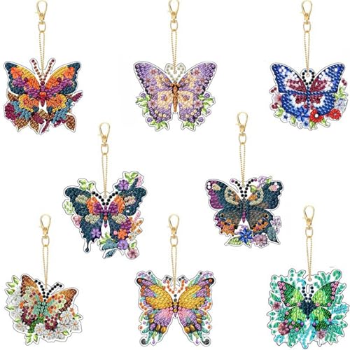 Zeaicos 8 Stück Diamond Painting Schlüsselanhänger, Schmetterling Sets, Doppelseitig Diamond Painting Schmetterling Bilder, Kleine Diamant Anhänger Dekorative Damen Tasche von Zeaicos