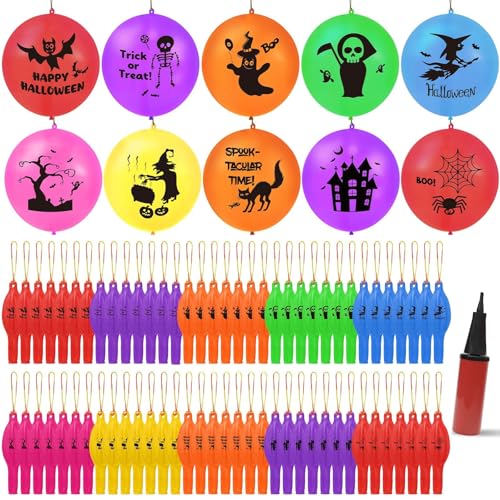 100 Stück Halloween-Ballons, verdickter Stanzballon, strapazierfähig, Partyzubehör mit Gummibandgriff und Luftpumpe für Geburtstag, Goodie-Bag, Füllmaterial (Halloween-Muster) von Zealor