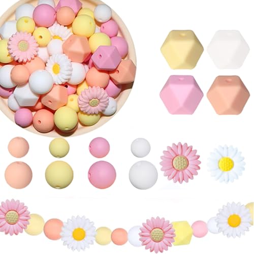 100 Stücke Blumen Silikonperlen Set, Silikonperlen Bulk, Rund Lose Silikonperlen Bastelperlen, Mit Nylonseil, Verwendet für Diy -Halsketten, Armbänder, Schlüsselanhänger und Andere Kunsthandwerk von Zeaying