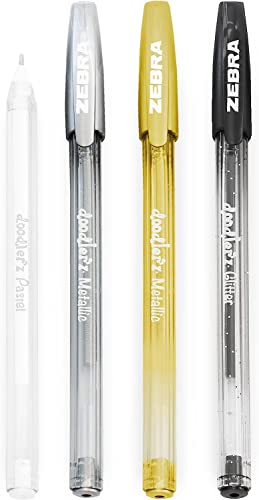 Zebra Doodler'z Stick Kugelschreiber, 1,0 mm, Glitzer/Metallic/Pastell, Schwarz, Gold, Silber, Weiß, 4 Stück Zebra Doodler'z Stick Kugelschreiber, 1,0 mm, Glitzer/Metallic/Pastell, Schwarz, Gold, Silber, Weiß, 4 Stück von Zebra Pen