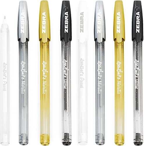 Zebra Doodler'z Stick Kugelschreiber, 1,0 mm, Glitzer/Metallic/Pastell, Schwarz, Gold, Silber, Weiß, 8 Stück von Zebra Pen