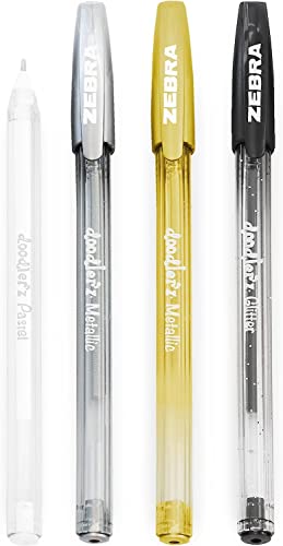 Zebra Doodler'z Stick Kugelschreiber, 1,0 mm, Glitzer/Metallic/Pastell, Schwarz, Gold, Silber, Weiß, 4 Stück von Zebra Pen