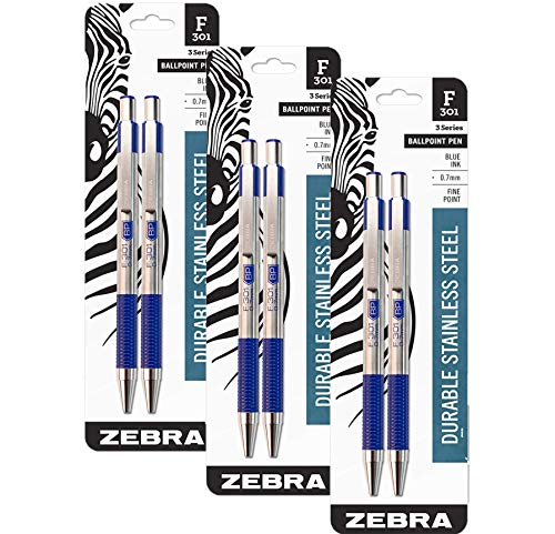 Zebra F-301 Kugelschreiber, Edelstahl, feine Spitze, 0,7 mm, blaue Tinte, 2 Stück von Zebra Textil