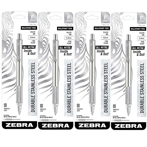 Zebra F-701 Kugelschreiber aus Edelstahl, Druckkugelschreiber, schwarze Tinte, feine Spitze, 4 Stück (29411) von Zebra Pen