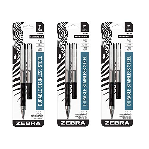 Zebra Pen F-301 Kompakter Kugelschreiber, Edelstahl, einziehbar, feine Spitze, 0,7 mm, schwarze Tinte, 2 Stück (3 Stück) von Zebra Textil