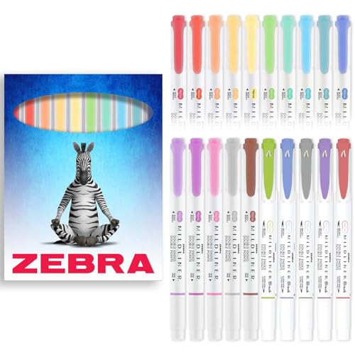 Zebra Pen Mildliner Doppelspitzen-Textmarker, breite und feine Spitze, doppelseitige Marker, Packung mit Farben in Geschenkbox aus Karton, säurefreie und ungiftige Tinte (Cool & Refined 20er-Pack) von Zebra Pen