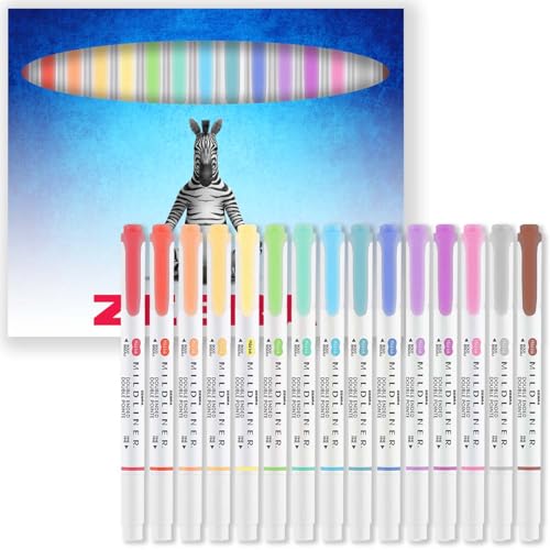 Zebra Pen Mildliner Doppelspitzen-Textmarker Stifte, breite und feine Spitze, doppelseitige Marker, Packung mit 15 Farben in Geschenkbox aus Karton, säurefreie und ungiftige Tinte von Zebra Pen