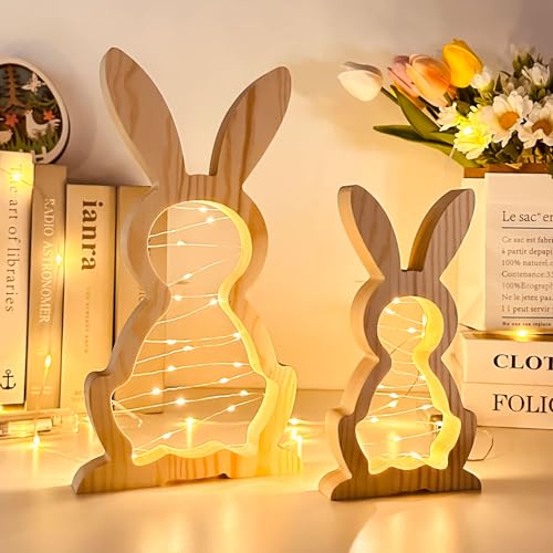 2 Stück Osterdeko Hasen mit LED Lichter/Timing-Funktion, Osterhase aus Holz Stehend, Ostern Deko Hasen Figuren aus Holz, LED Osterhasen Deko Figuren, Oster Deko Hase für Frühlingsdeko (Holzfarbe) von Zecnaud