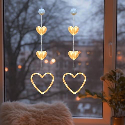 LED Fensterbeleuchtung Lichterkette, LED Herze Fenster mit Saugnapf, LED Lichterkette Fenster zum Aufhängen Warmweiß Herz Lichter Fensterbeleuchtung für Hochzeits Valentinstag Wohnzimmer Deko (2 PCS) von Zecnaud