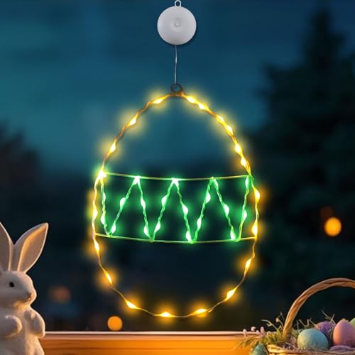 Osterdeko Lichterkette, LED Ostereier Lichterkette mit Timer, Ostern Deko Lichterkette, Osterdeko LED Fenster Licht mit Saugnäpfe, Ostereier Lichterkette Fenster Deko für Draußen & Innen (Gelb+Grün) von Zecnaud