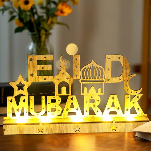 Ramadan Deko Lampe Holz LED Eid Mubarak Dekoration, 30*4,5*15,6cm Groß Ramadan Lichter Mond Stern Schloss Islam Mubarak Dekoration Lampe, Ramadan Tischdeko Windlicht für Muslimische Festival Deko (C) von Zecnaud