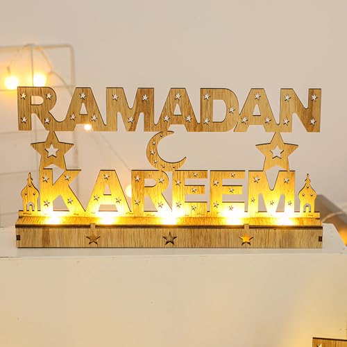 Ramadan Deko Lampe Holz LED Eid Mubarak Dekoration, 30*4,5*15,6cm Groß Ramadan Lichter Mond Stern Schloss Islam Mubarak Dekoration Lampe, Ramadan Tischdeko Windlicht für Muslimische Festival Deko (A) von Zecnaud