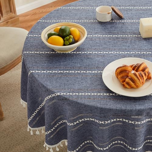 ZeeMart Boho-Tischdecke mit Hohlsaum, bestickt, gestreift, rund, marineblau, schwere Bauernhaus-Tischdecke, Leinen, Marineblau, knitterfrei, waschbar, Tischdecke für runden Tisch ZeeMart Boho-Tischdecke mit Hohlsaum, bestickt, gestreift, rund, marineblau, schwere Bauernhaus-Tischdecke, Leinen, Marineblau, knitterfrei, waschbar, Tischdecke für runden Tisch von ZeeMart