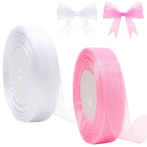 Rosa Schleifenband zum Verpacken von Geschenken, 2 Rollen dicke Organzabänder, Chiffonbänder zum Basteln, Geschenkverpacken, Blumenstrauß, Schleife, Weihnachtsbaum, Kuchendekoration (25 mm breit, 45,7 Rosa Schleifenband zum Verpacken von Geschenken, 2 Rollen dicke Organzabänder, Chiffonbänder zum Basteln, Geschenkverpacken, Blumenstrauß, Schleife, Weihnachtsbaum, Kuchendekoration (25 mm breit, 45,7 von Zeevill