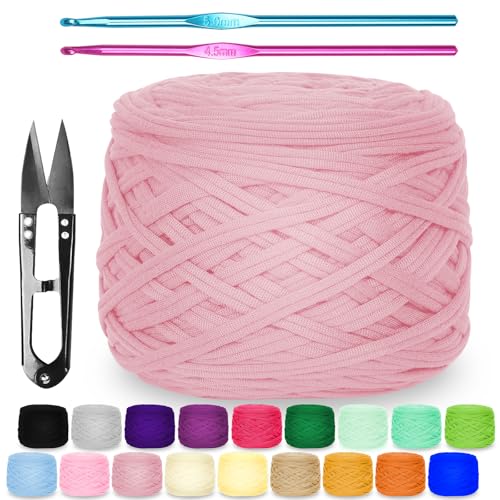 Zefphxs 290g T-Shirt Garn, Bändchengarn Polyester Rope zum Häkeln, T Shirt Garn, Textilgarn zum häkeln für körbe Teppiche, Heimdekoration, DIY-Kunsthandwerk (Dunkelrosa) von Zefphxs